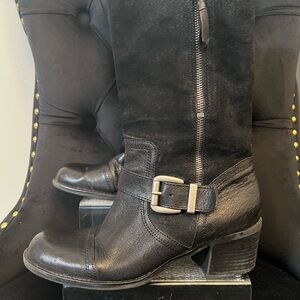 Franco Sarto Black Leather Suede Buckle Wide Calf Women's Boots